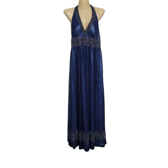 Adrianna Papell Dress Blue Evening Halter Gown Size 14 Polyester Silk Embellishe - Picture 1 of 11